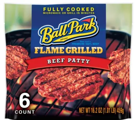 BEEF BURGER FLAME GRILLED FOUR OUNCE FULLY-COOKED FROZEN BALL PARK  2/5 LB
